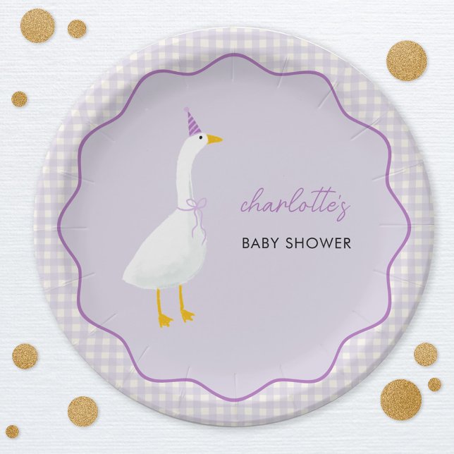 Little Gose Lilac Gingham Baby Dusche Pappteller (Little Goose geese themed personalized baby shower paper plates with lilac pastel gingham)