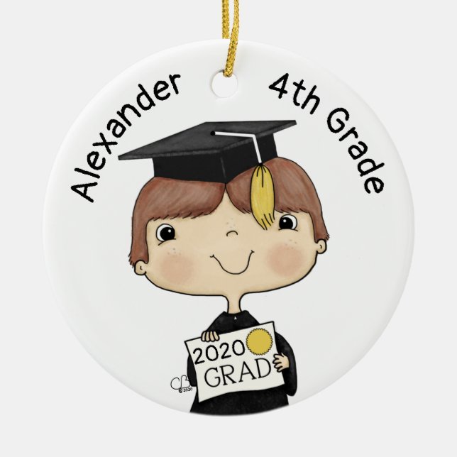 Little Graduate Boy Brown Hair Keramik Ornament (Vorne)