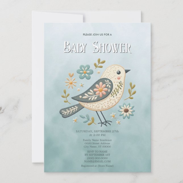 Little Green Bird Floral Baby Dusche Einladung (Vorderseite)