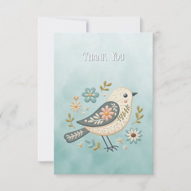 Little Green Bird Floral Carte de remerciements (Devant)