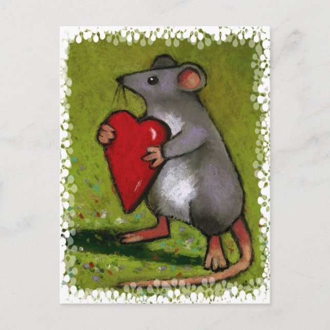 Little Grey Mouse Holding Red Heart: Ölpastel Postkarte (Vorderseite)