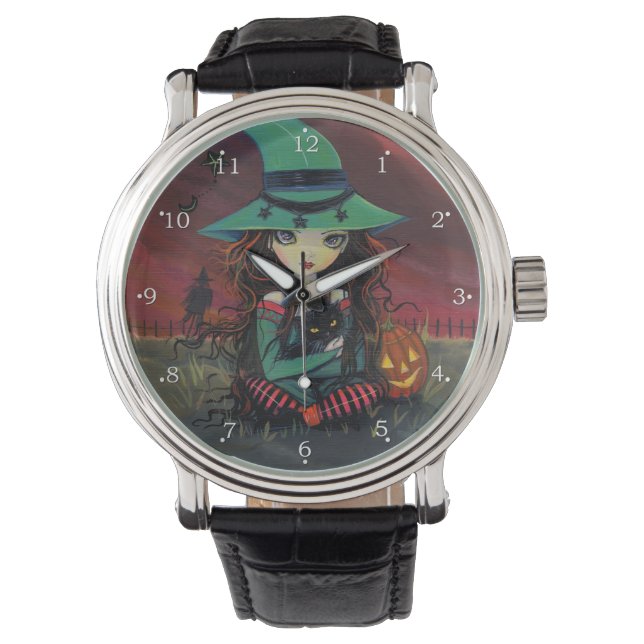 Little Halloween Witch Fantasy Art Armbanduhr (Vorderseite)
