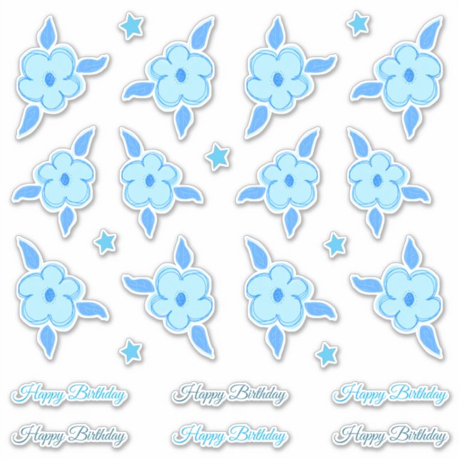 Little Happy Birthday Blue Blumen und Sterne Aufkleber (Vorderseite)