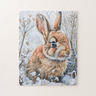 Little Hare in Snowy Field. Rabbit Bunny