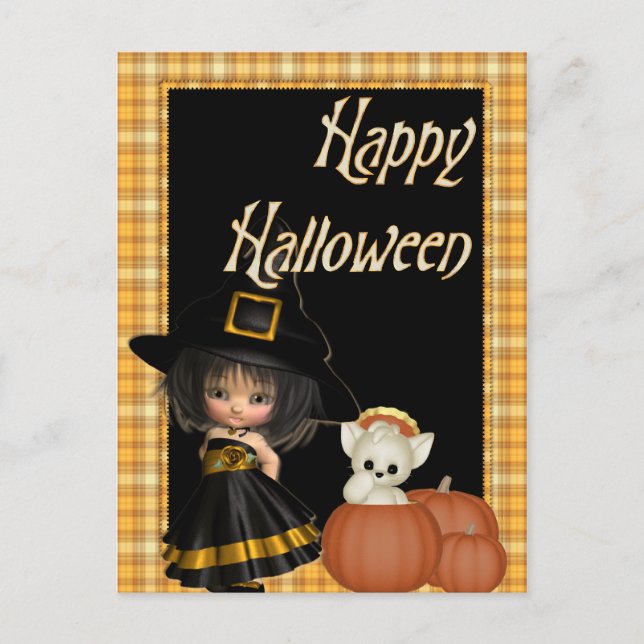 Little Hexe & White Cat Halloween Postkarten D10 (Vorderseite)