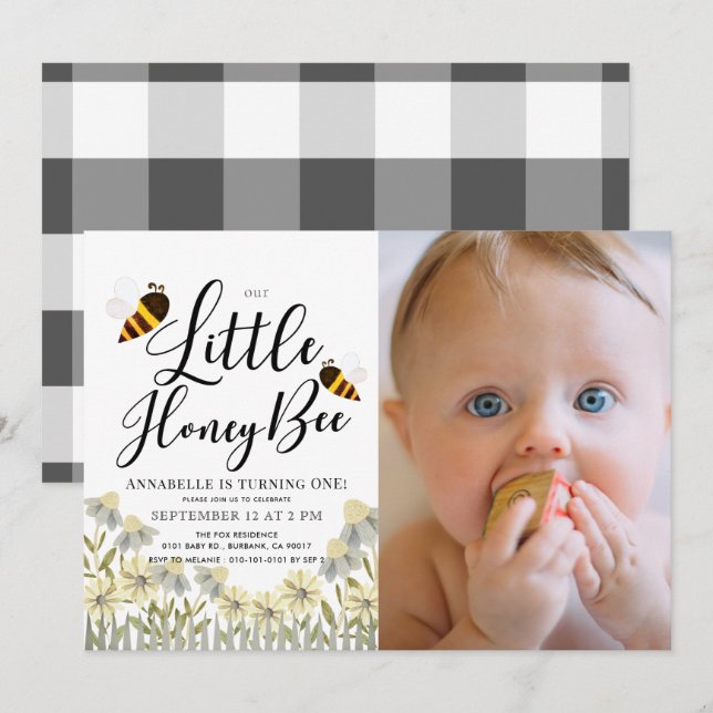 Little Honey Bee Daisy 1. Geburtstag Foto Einladung (Vorne/Hinten)