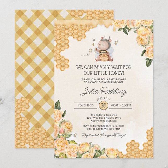 Little Honey Teddy Bear Mama-to-Bee Babydusche Einladung (Vorne/Hinten)