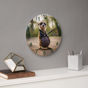 Little Hoop Star: Baby Meerkat Holding Basketball Große Wanduhr