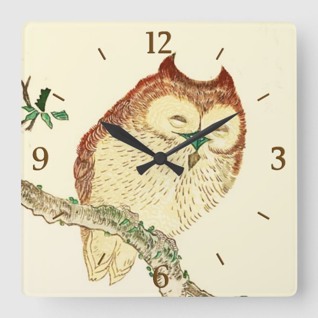 Little Japanese owl Quadratische Wanduhr (Vorderseite)