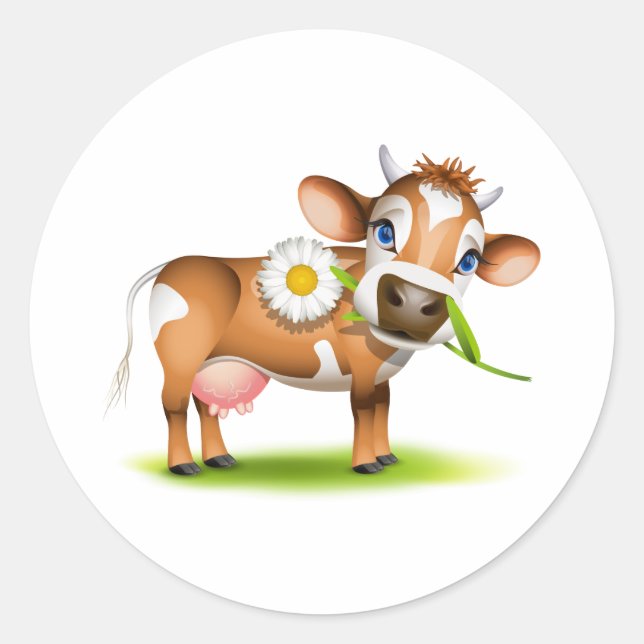 Little Jersey Kuh frisst Disy Runder Aufkleber (Vorderseite)