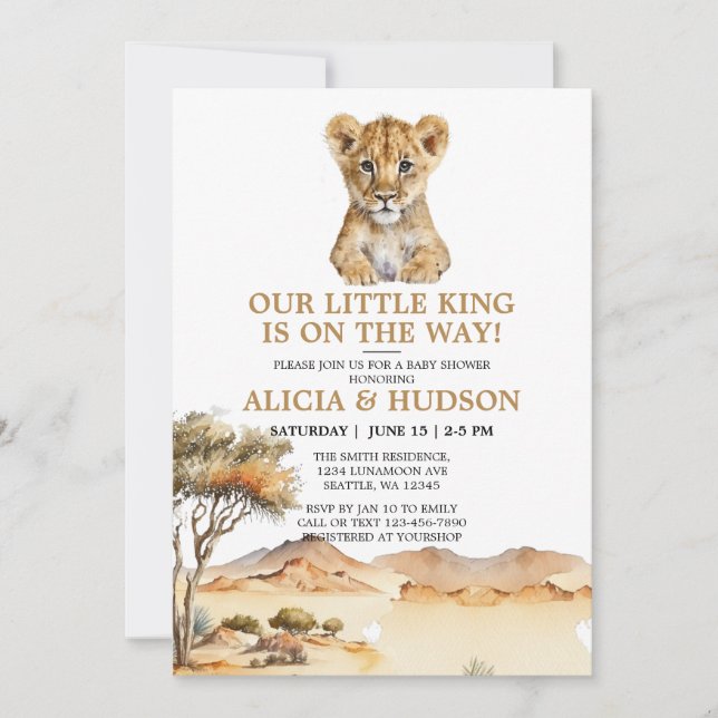 Little King Lion Cub Safari Baby Dusche Einladung (Vorderseite)