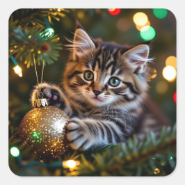 Little Kitten on Christmas Tree   Quadratischer Aufkleber