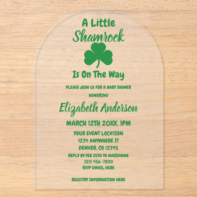 Little Kleeblatt St Patrick's Day Baby Shower Acryleinladungen (Vorderseite)