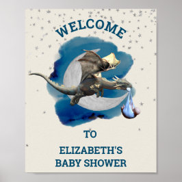 Little Knight Dragon Silver Star Baby Shower Poster