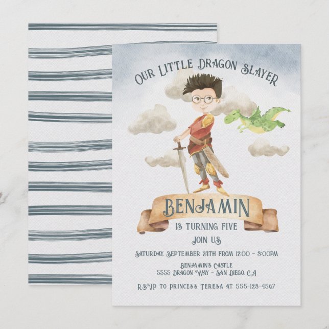 Little Knight Dragon Slayer Fairytale Birthday Inv Einladung (Vorne/Hinten)