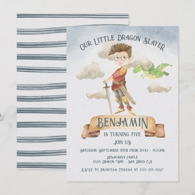 Little Knight Dragon Slayer Fairytale Birthday Inv Einladung (Vorne/Hinten)