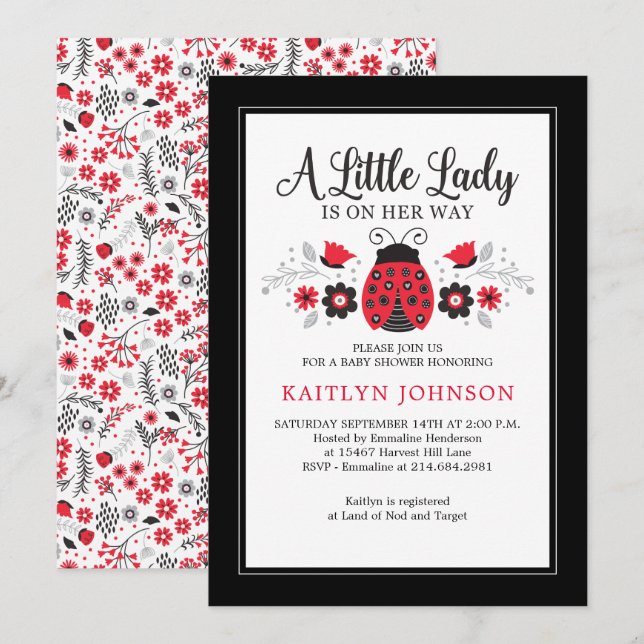 Little Lady Ladybug Floral Girl Babydusche Einladung (Vorne/Hinten)