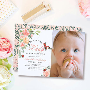 Little Lady Ladybug Rose Foto Girl 1. Geburtstag Einladung