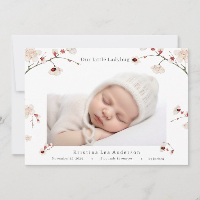 Little Ladybug Baby Girl Geburtsankündigung Einladung (Vorderseite)