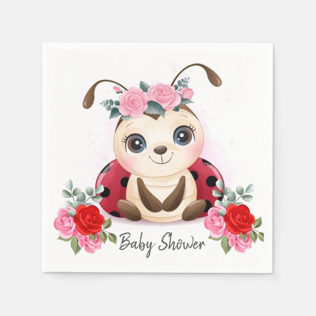 Little Ladybug Pink Red Floral Baby Dusche Napkins Serviette (Vorderseite)
