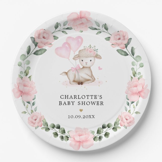 Little Lamb Blush Pink Blumengrün Baby Girl Pappteller (Vorderseite)