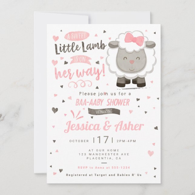 Little Lamb Sheep Baby Girl Dusche Einladung (Vorderseite)
