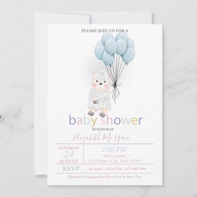 Little Lamb Sheep Balloons Baby Dusche Einladung (Vorderseite)
