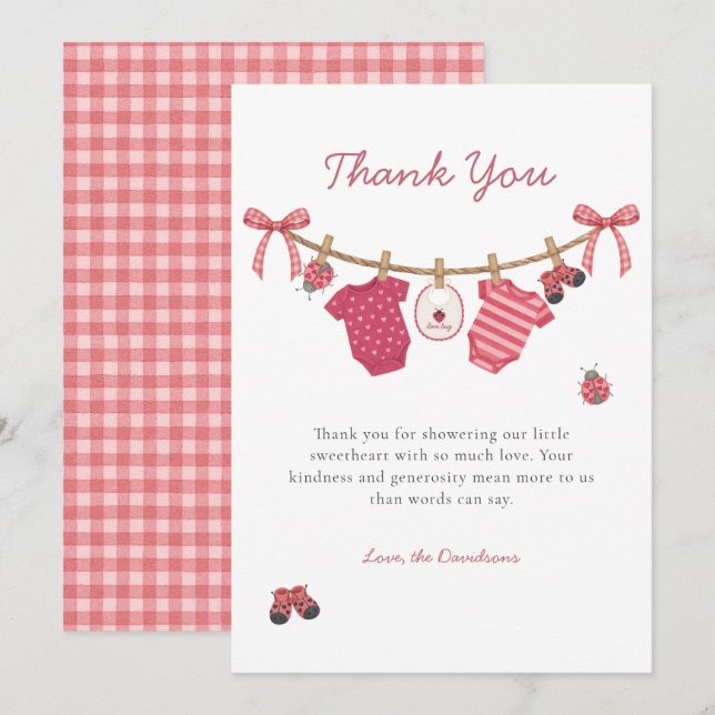 Little Love Bug Clothesline Baby Shower Dankeskarte (Vorne/Hinten)