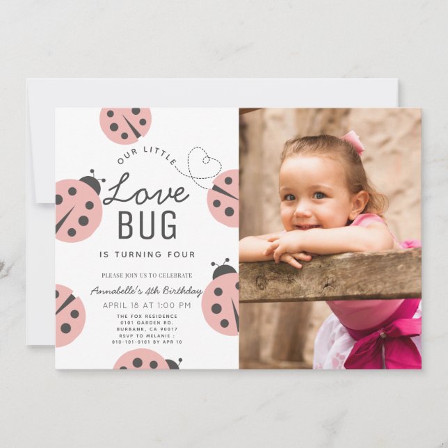 Little Love Bug Light Pink Ladybug Birthday Photo Einladung (Vorderseite)