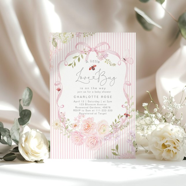 Little Love Bug Pink Bow Stripes Baby Shower Einladung (Von Creator hochgeladen)