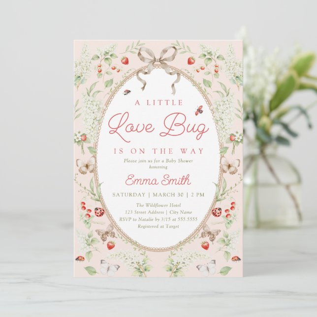 Little Love Bug Wildflower Rustic Baby Shower Einladung (Stehend Vorderseite)