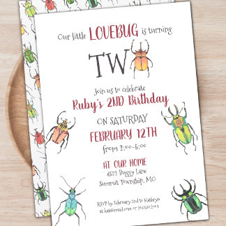 Little Love Bugs Turning Two Second Birthday Invit Einladung