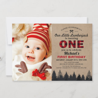 Little Lumberjack First Birthday Party Baby Foto Einladung