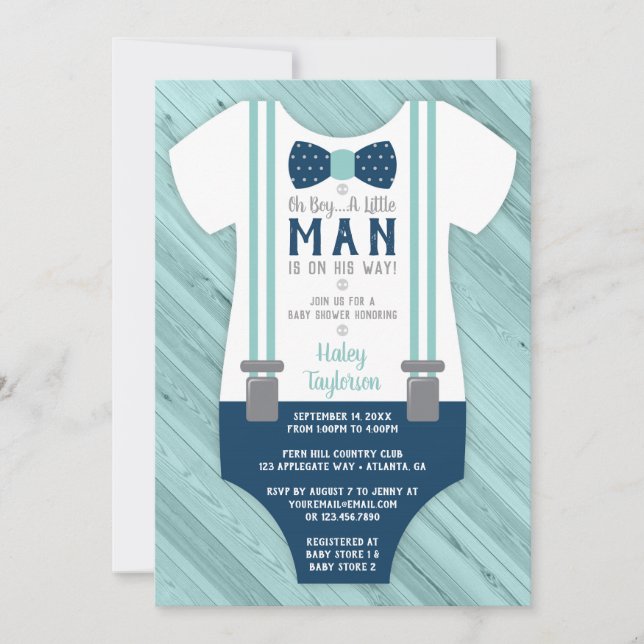 Little Man Baby Shower Einladung, Navy Blue, Aqua Einladung (Vorderseite)