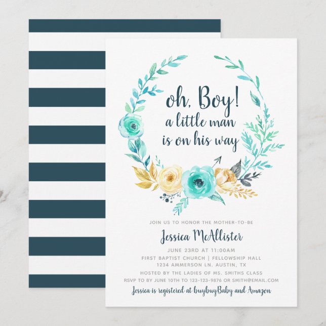 Little Man Baby shower Invitation Carte gris bleu (Devant / Derrière)