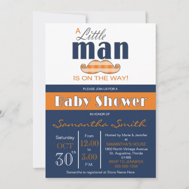 Little Man Baby Shower Navy Blue und Orange Einladung (Vorderseite)