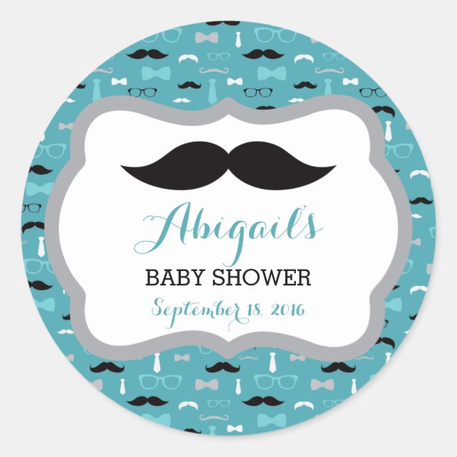 Little Man Baby Shower Sticker, Aquamarin, Aqua, B Runder Aufkleber (Vorderseite)