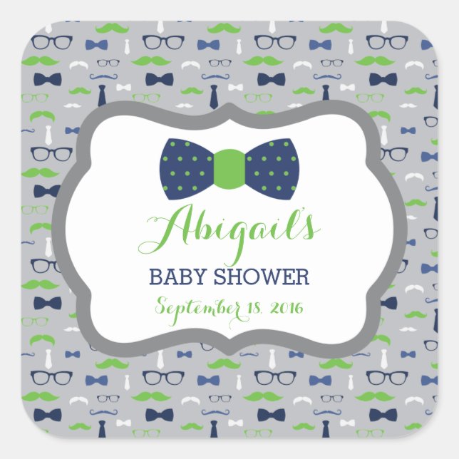 Little Man Baby Shower Sticker, blau, grün, grau Quadratischer Aufkleber (Vorderseite)