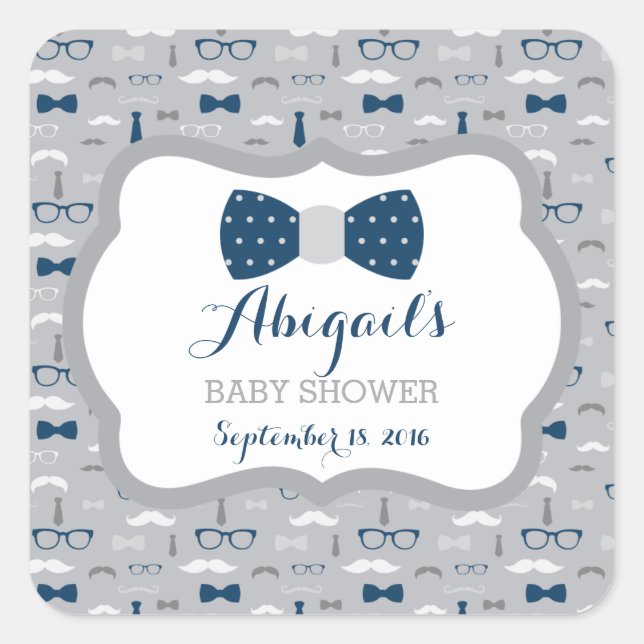 Little Man Baby Shower Sticker, Navy Blue, Grau Quadratischer Aufkleber (Vorderseite)