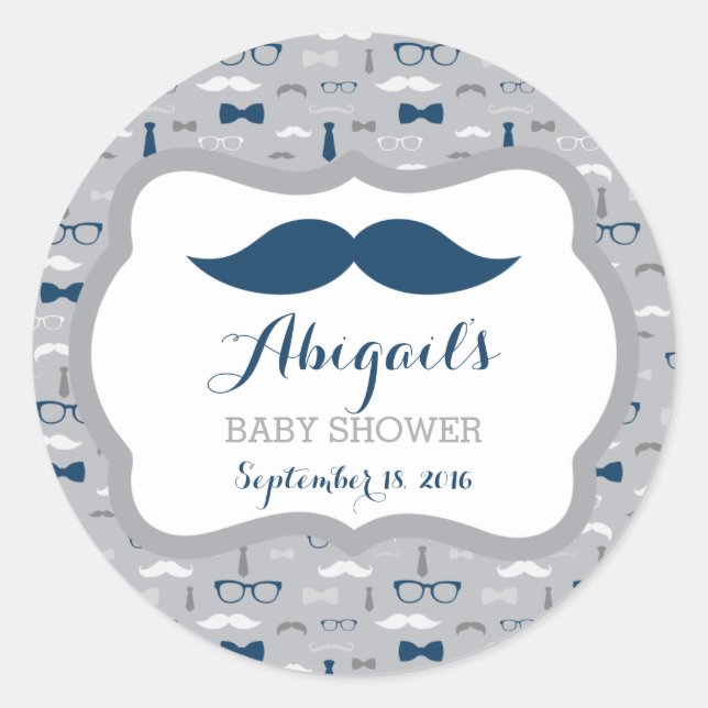 Little Man Baby Shower Sticker, Navy Blue, Grau Runder Aufkleber (Vorderseite)