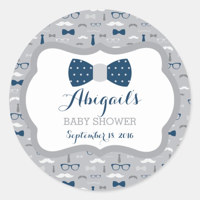Little Man Baby Shower Sticker, Navy Blue, Grau Runder Aufkleber (Vorderseite)