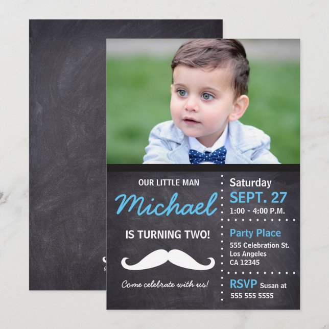 Little Man Birthday Foto Mustache Einladung (Vorne/Hinten)