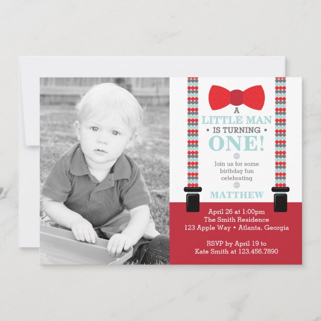 Little Man Birthday Party Einladung mit Foto (Vorderseite)