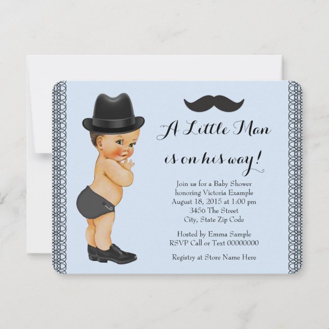 Little Man Black and Blue Mustache Baby Dusche Einladung (Vorderseite)