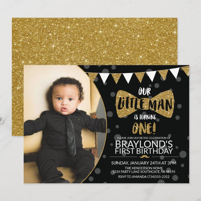Little Man Black and Gold Foto Einladung (Vorne/Hinten)