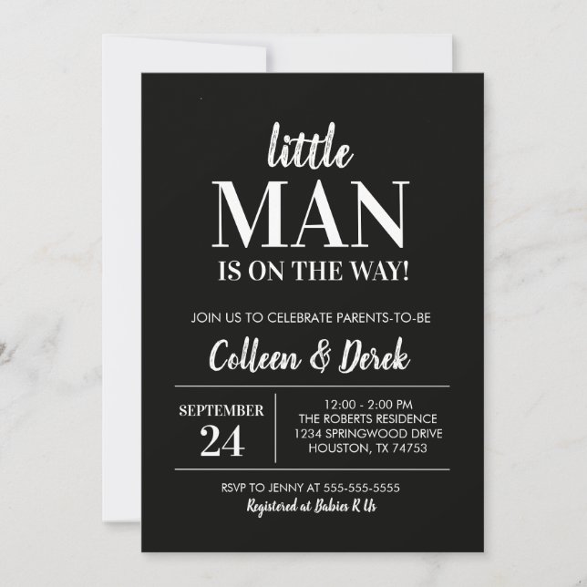 Little Man Black & White Baby Dusche Einladung (Vorderseite)