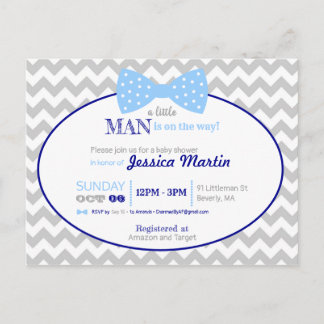 Little Man Bow Navy Blue Gray Boy Baby Dusche Postkarte