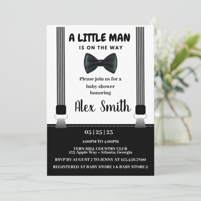 Little Man Boy Black Gray Krawatte Babydusche Einladung (Stehend Vorderseite)