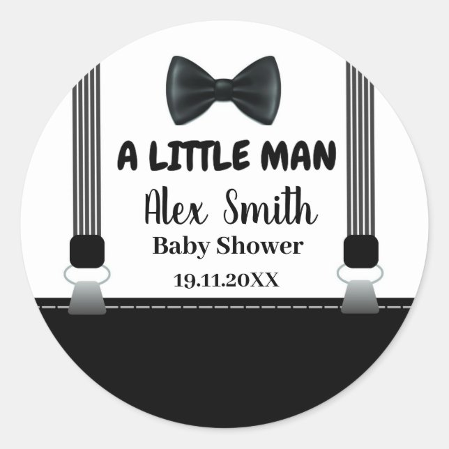 Little Man Boy Black Gray Krawatte Babydusche Runder Aufkleber (Vorderseite)