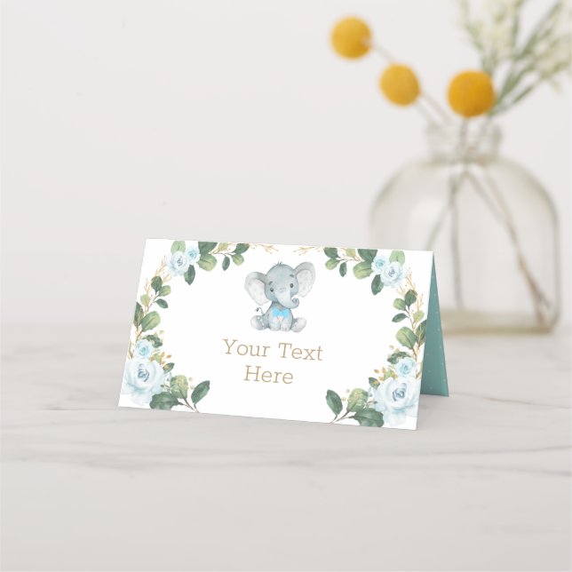 Little Man Elephant Blue Floral Greenerity Gold Ba Platzkarte (Vorderseite)